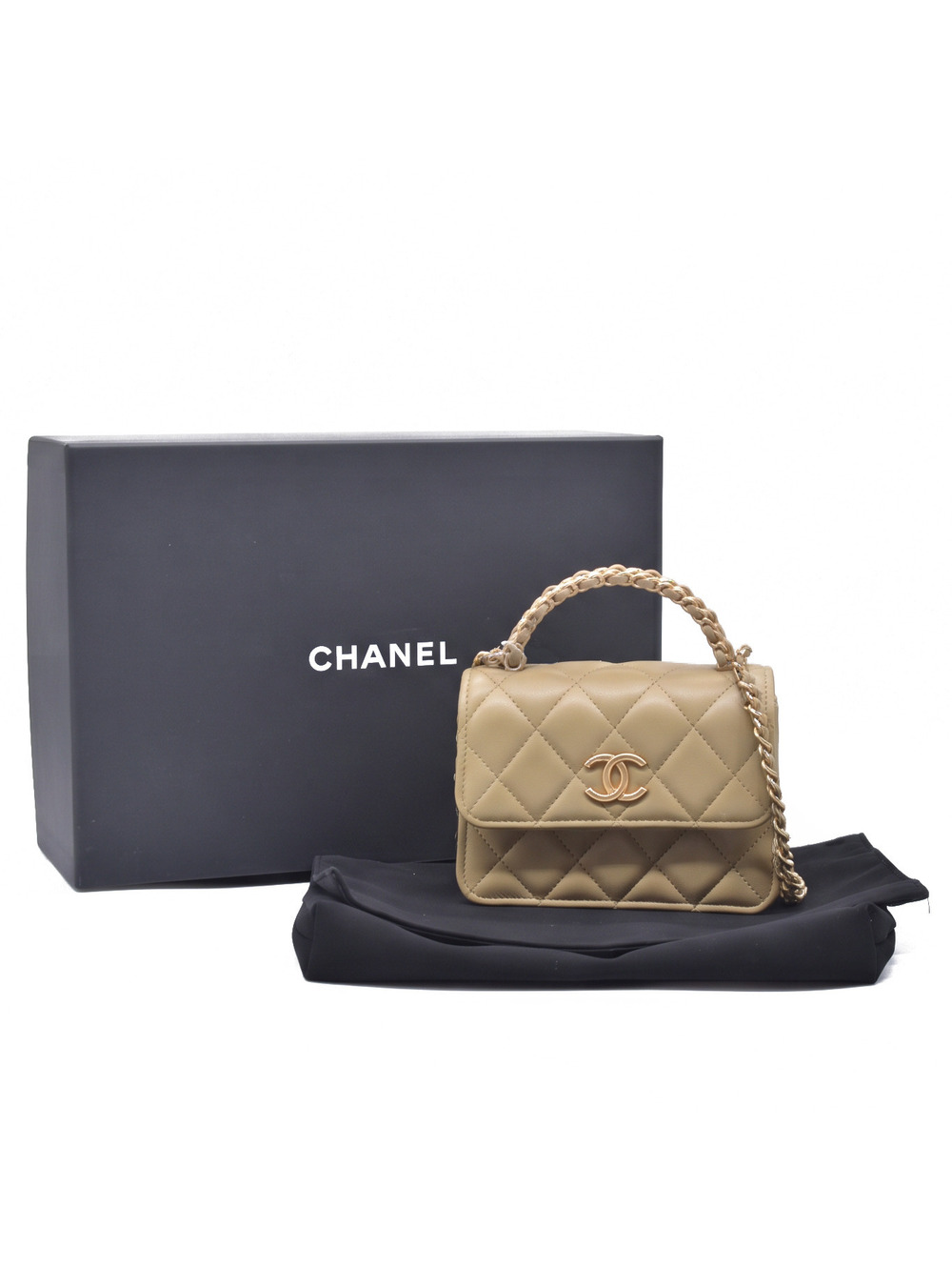 Chanel Lambskin Quilted Chain Top Handle Clutch With Chain